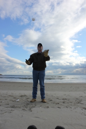 Rock juggling ice balls on Popham Beach.